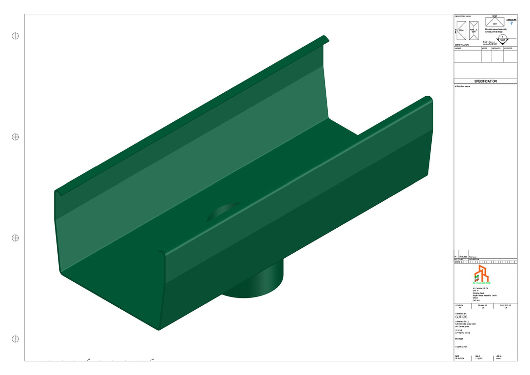 Aluminium Double Slope Gutter - Type 8 - Centre Spout - 63 Dia