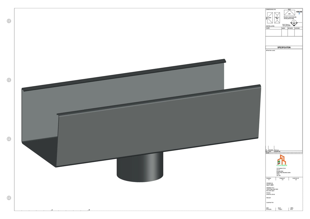 Aluminium Single Slope Gutter - Type 5 - Centre Spout - 63 Dia