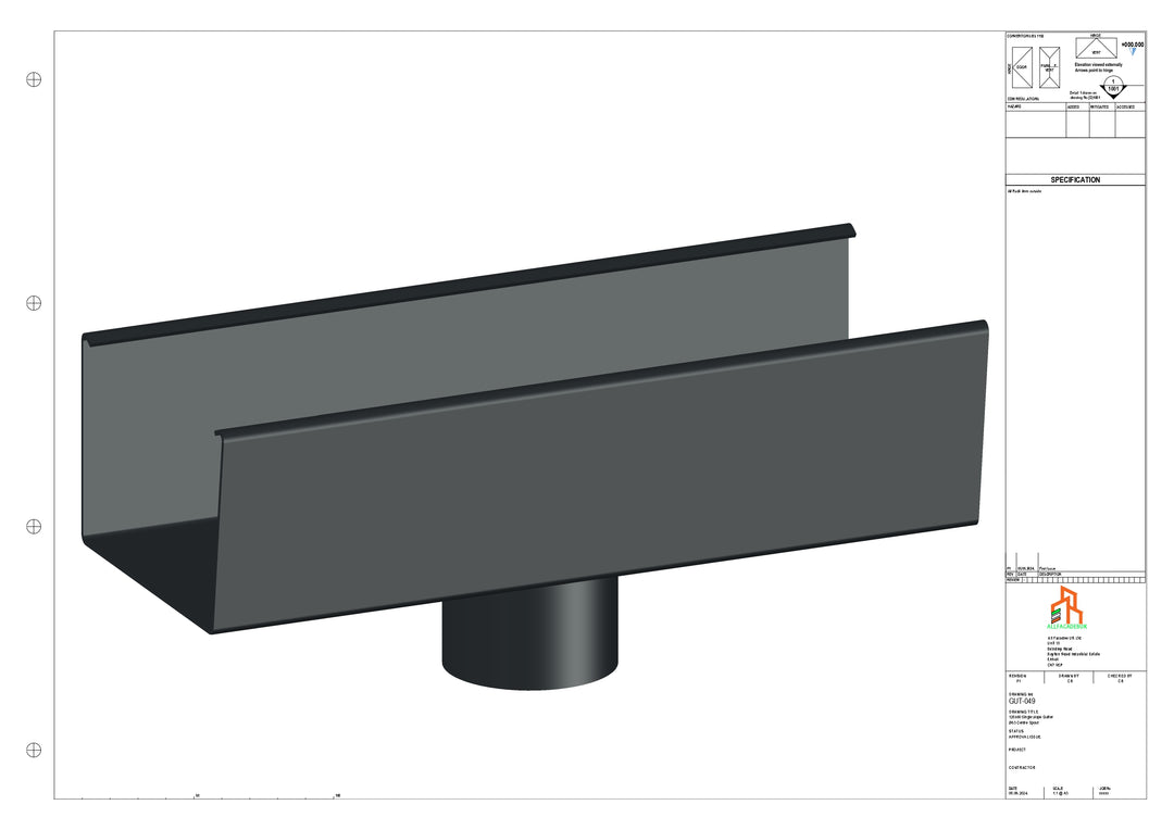 Aluminium Single Slope Gutter - Type 5 - Centre Spout - 63 Dia