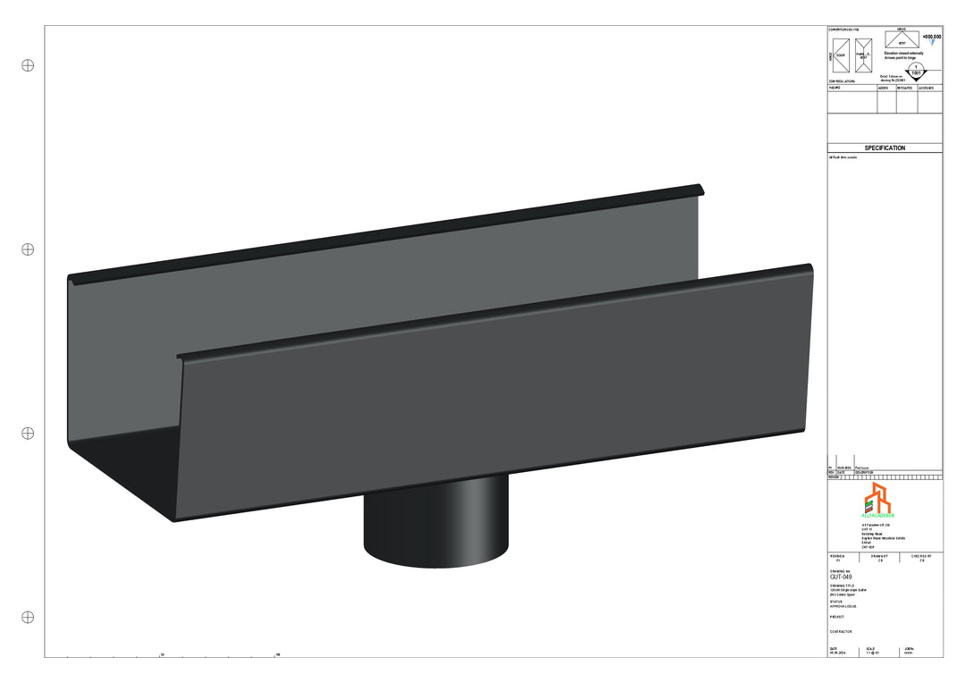 Aluminium Single Slope Gutter - Type 5 - Centre Spout - 76 Dia