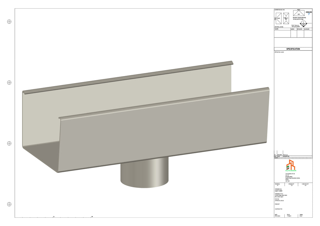 Aluminium Single Slope Gutter - Type 5 - Centre Spout - 76 Dia