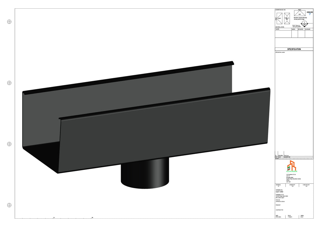Aluminium Single Slope Gutter - Type 5 - Centre Spout - 76 Dia