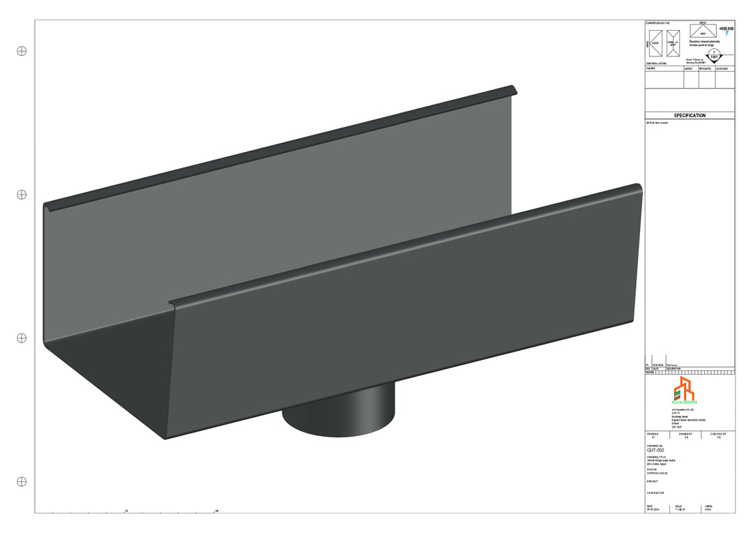 Aluminium Single Slope Gutter - Type 6 - Centre Spout - 100 Dia