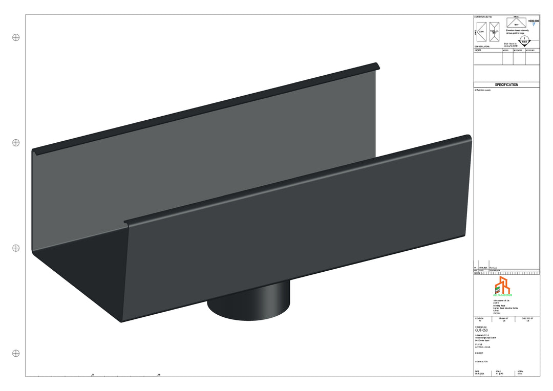 Aluminium Single Slope Gutter - Type 6 - Centre Spout - 63 Dia