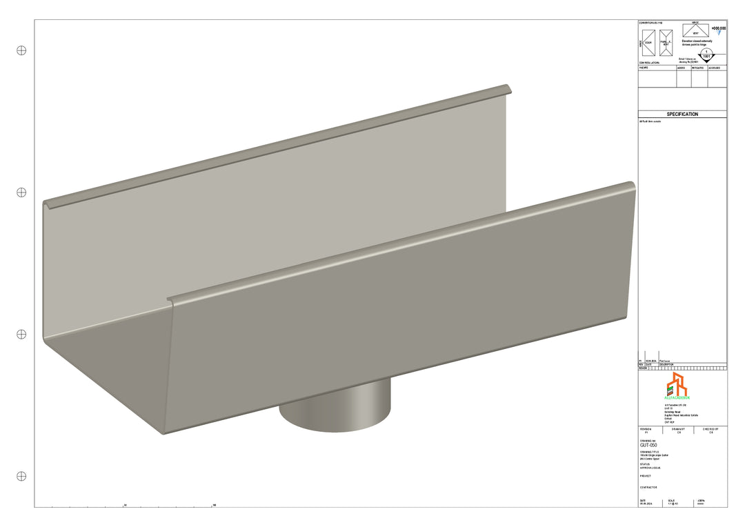 Aluminium Single Slope Gutter - Type 6 - Centre Spout - 63 Dia