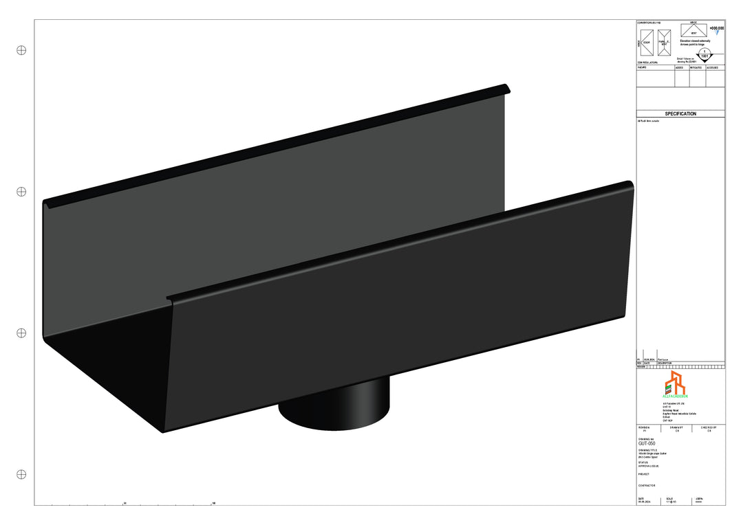 Aluminium Single Slope Gutter - Type 6 - Centre Spout - 100 Dia